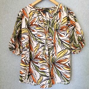 Zac & Rachel Top Women's‎ XL Palm Leaves Floral Linen Blend Notch Neck Button Up